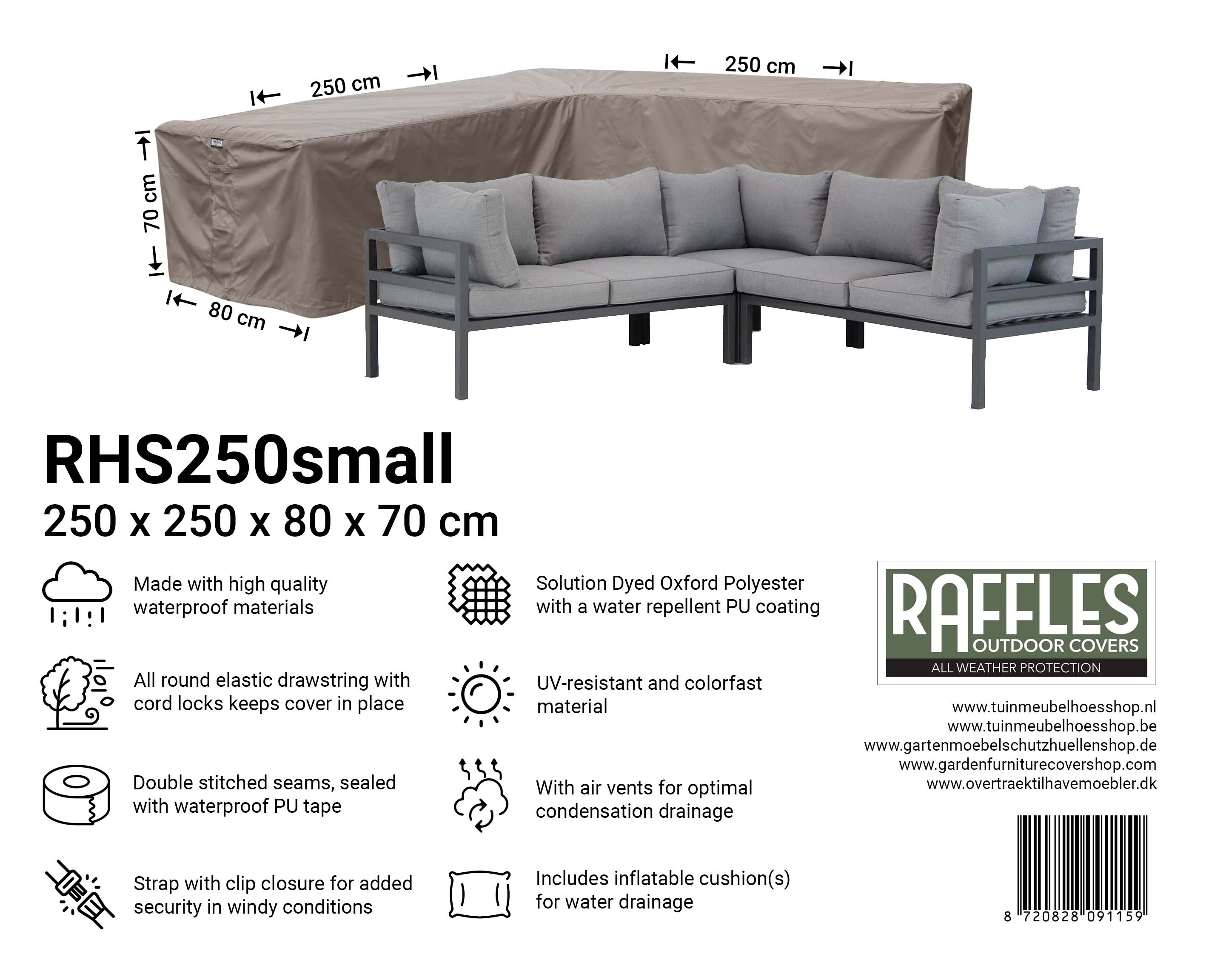 RHS250small_8720828091159 Overtræk til L formet loungesæt 250 x 250 x 80 H: 70 cm