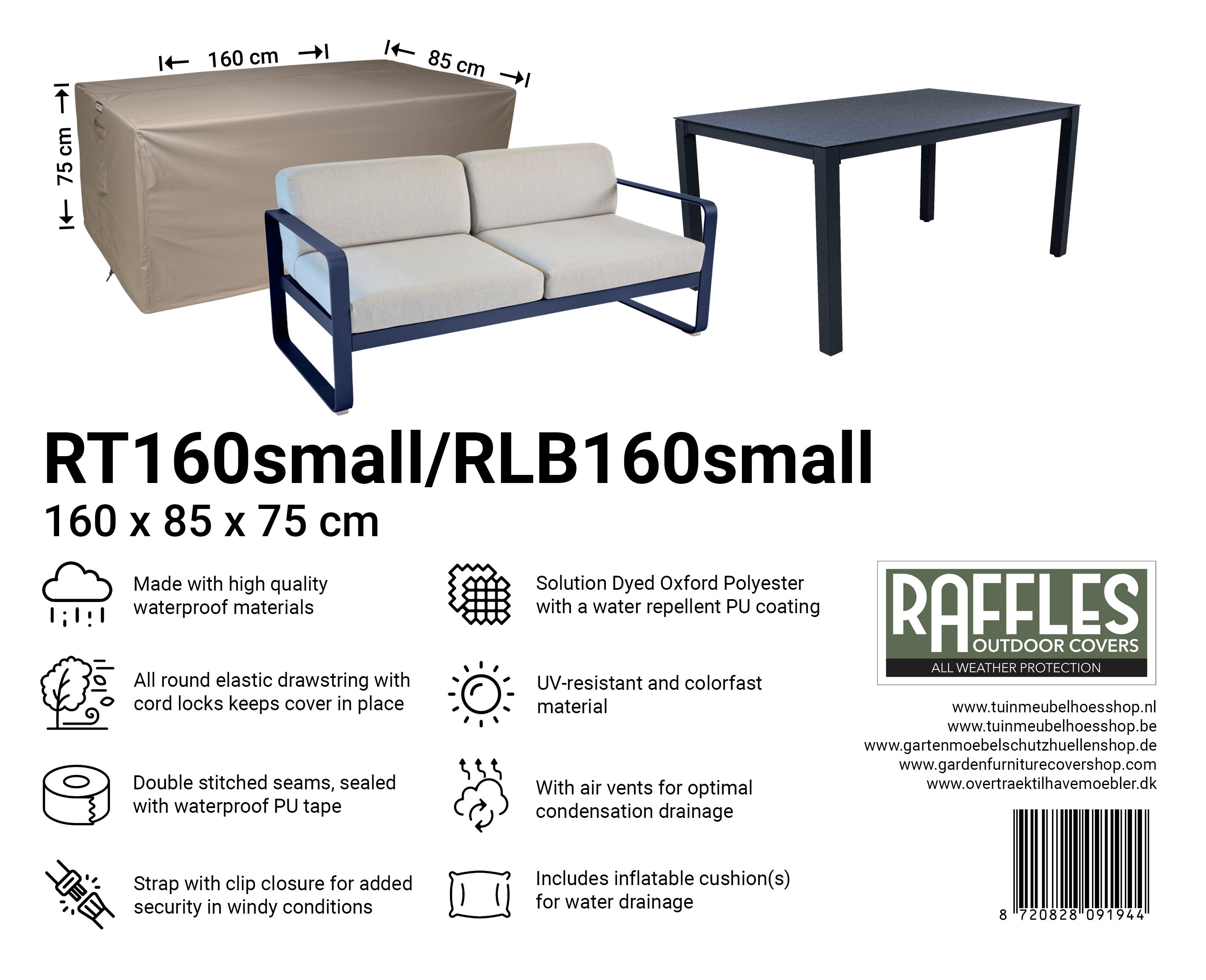 Overtræk til loungesofa 160 x 85 H: 75 cm small