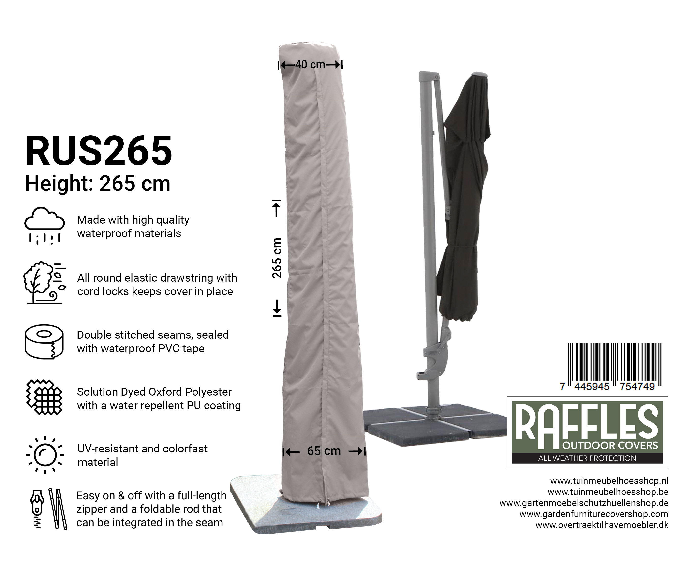 RUS265_7445945754749 Hoogte 265 cm parasol hoes