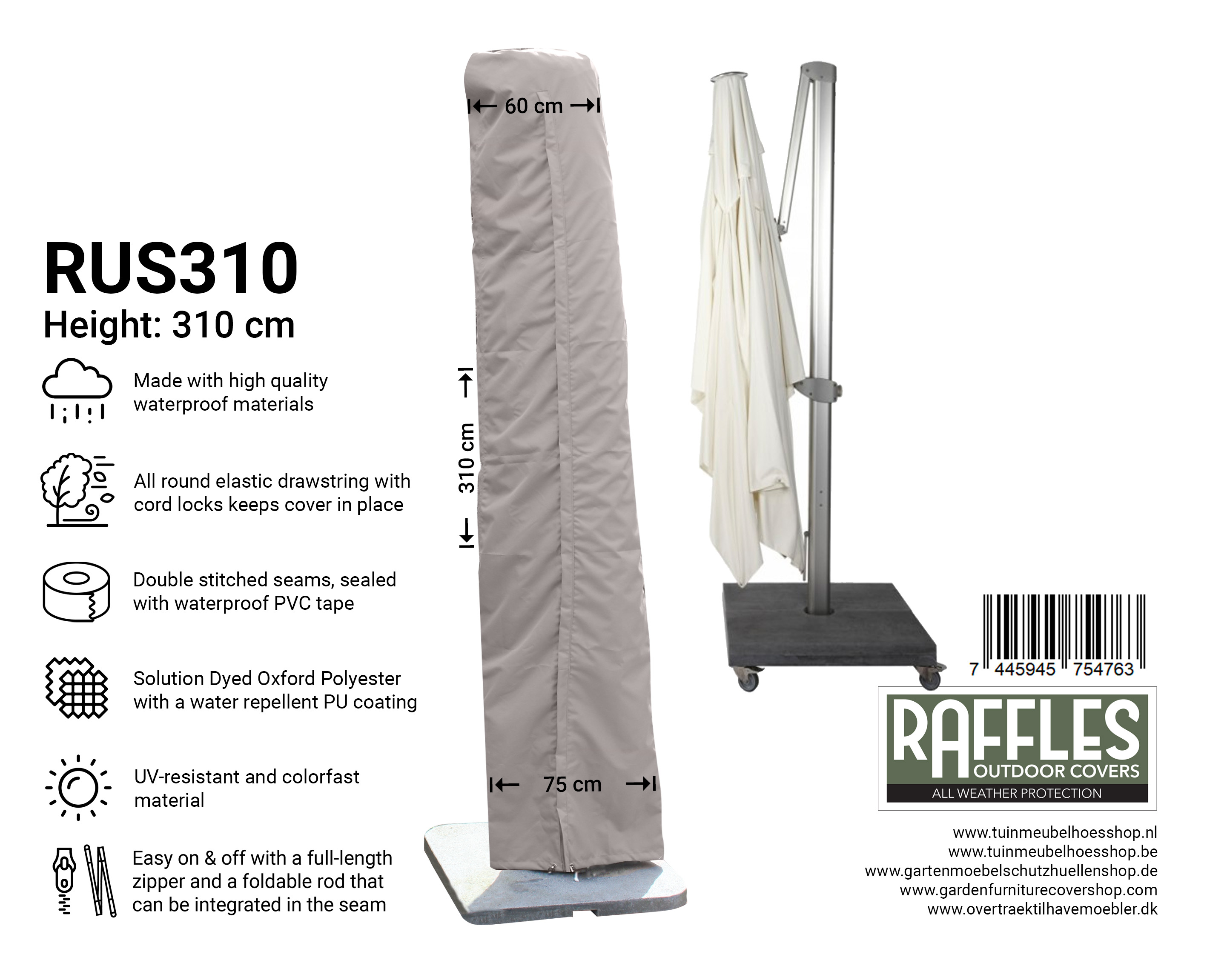 RUS310 Rechte parasol hoes 310 cm hoog