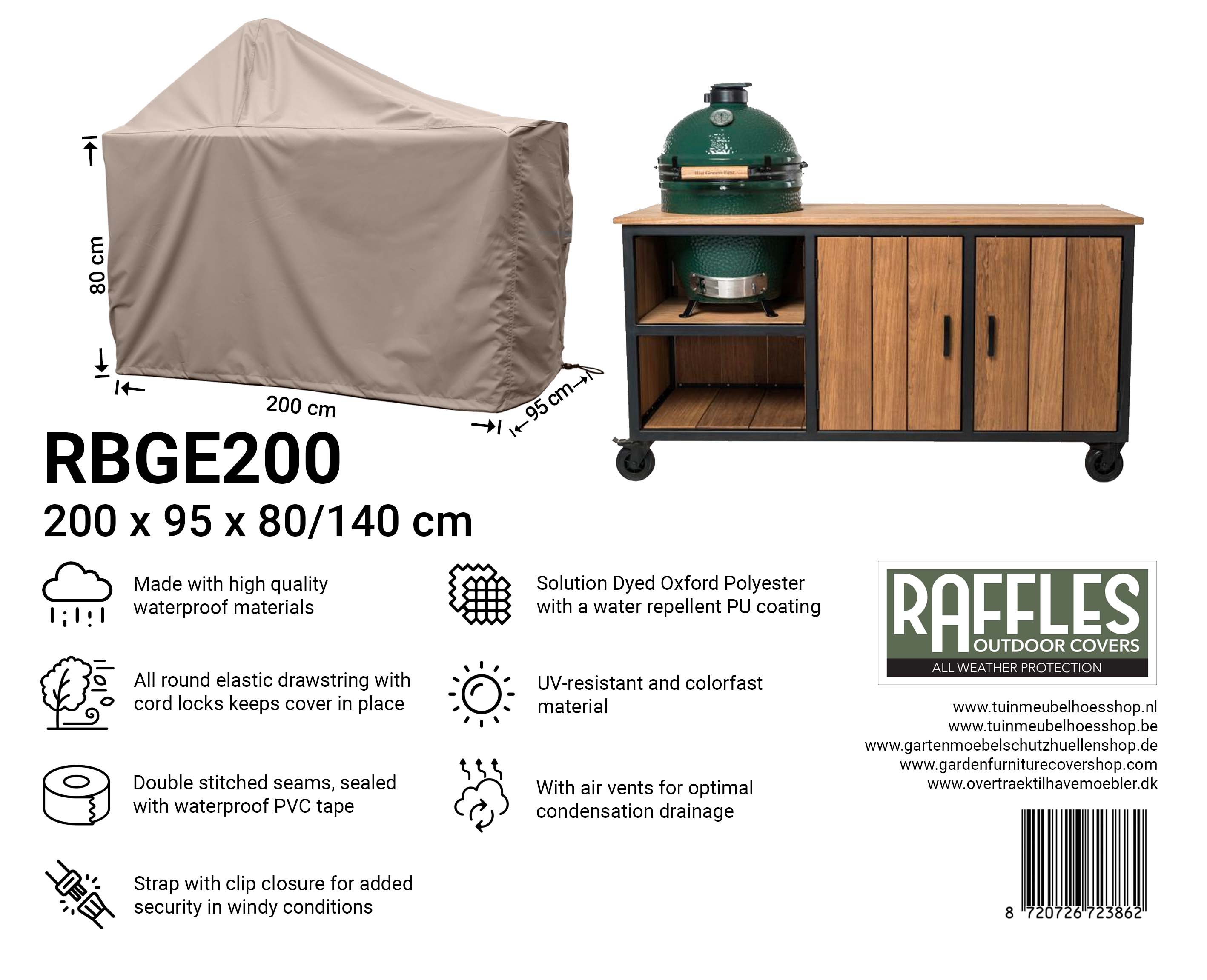 RBGE200_8720726723862 Overtræk til Big Green Egg grill 200 x 90 H: 80 / 140 cm