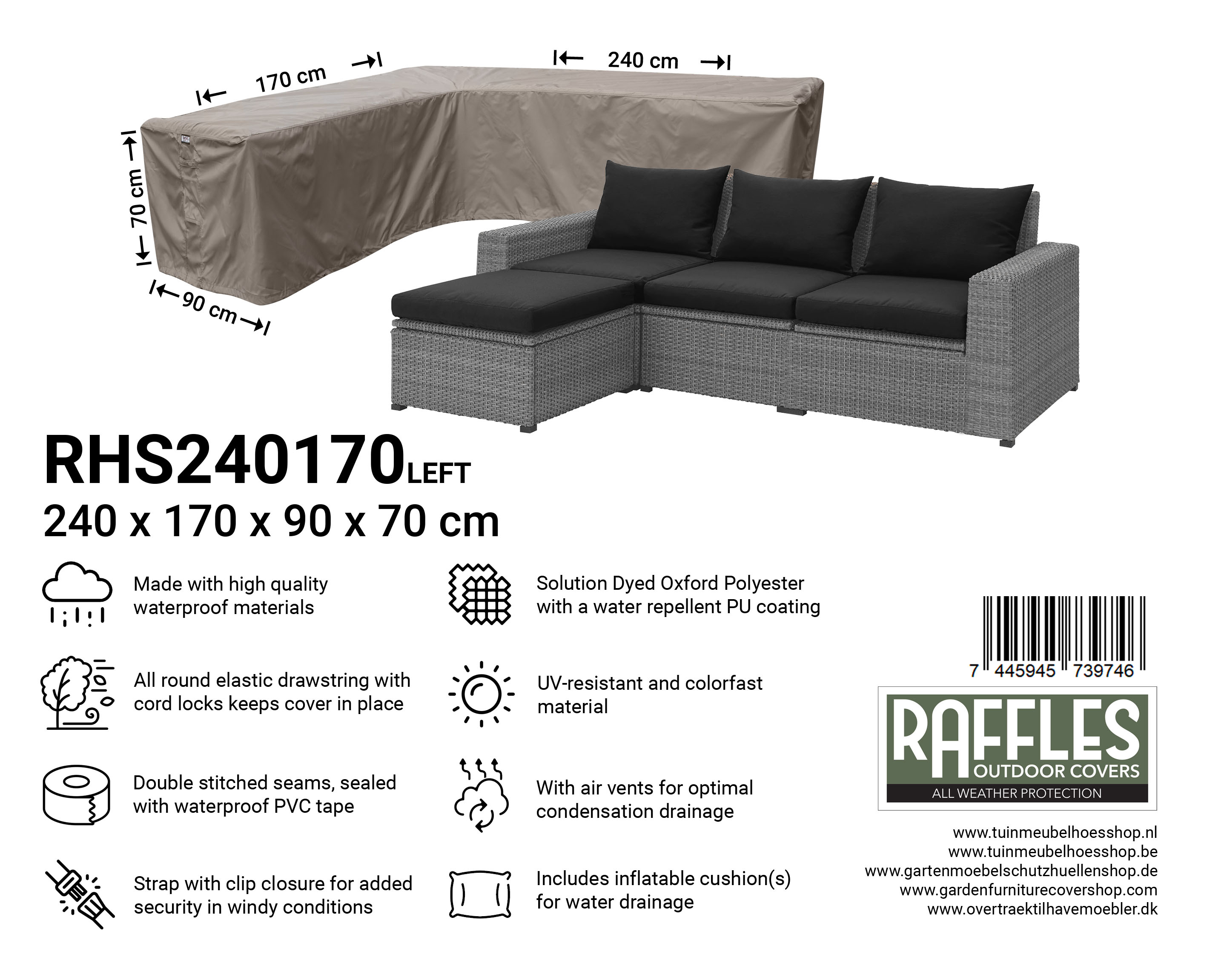 RHS240170left_7445945739746Q9XDk4NgjjPmV Overtræk til lille L formet loungesofa 240 x 170 x 90 H: 70 cm