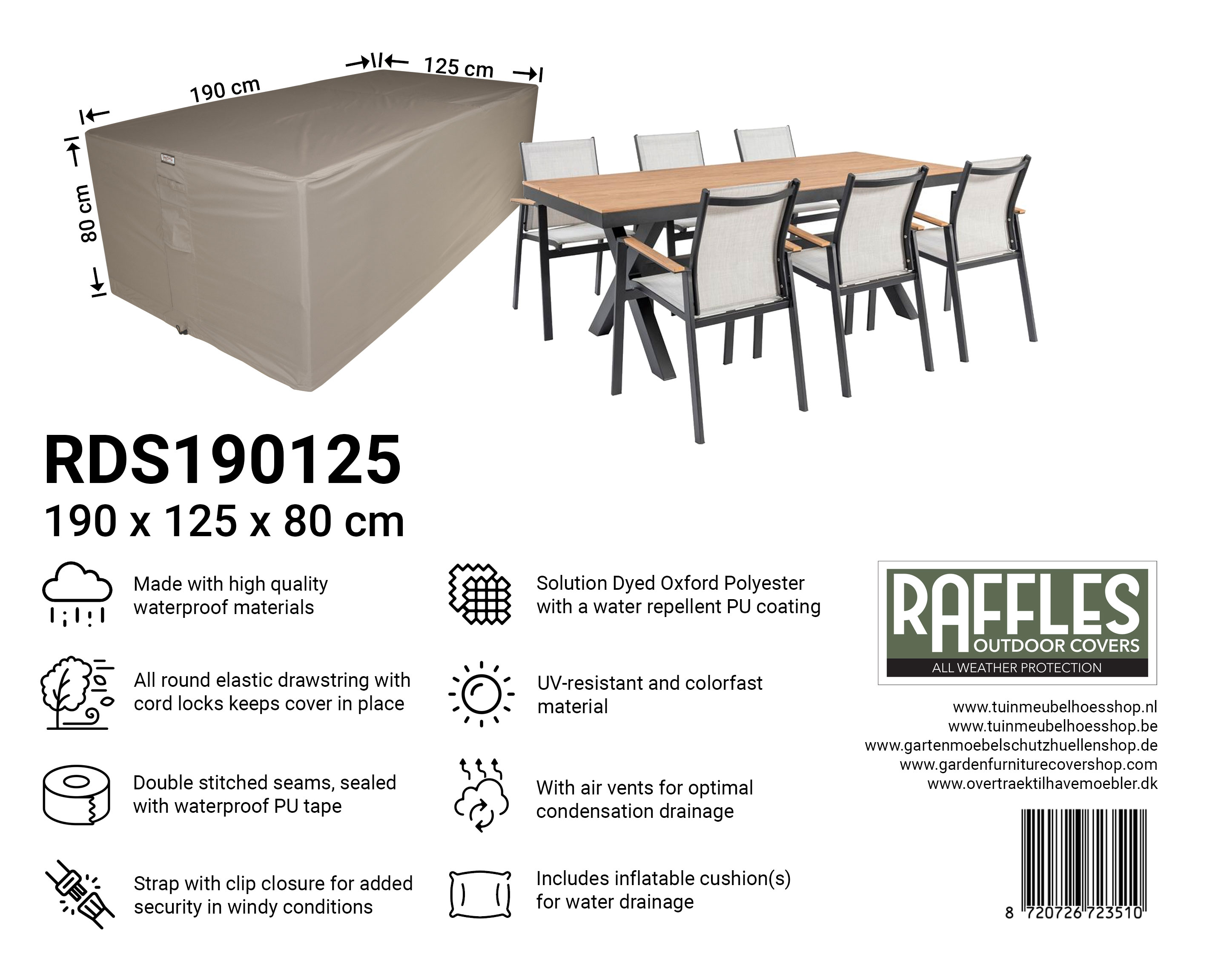 Rektangulær møblerovertræk til havemøbler 190 x 125 H: 80 cm Rektangulær møblerovertræk til havemøbler 190 x 125 H: 80 cm