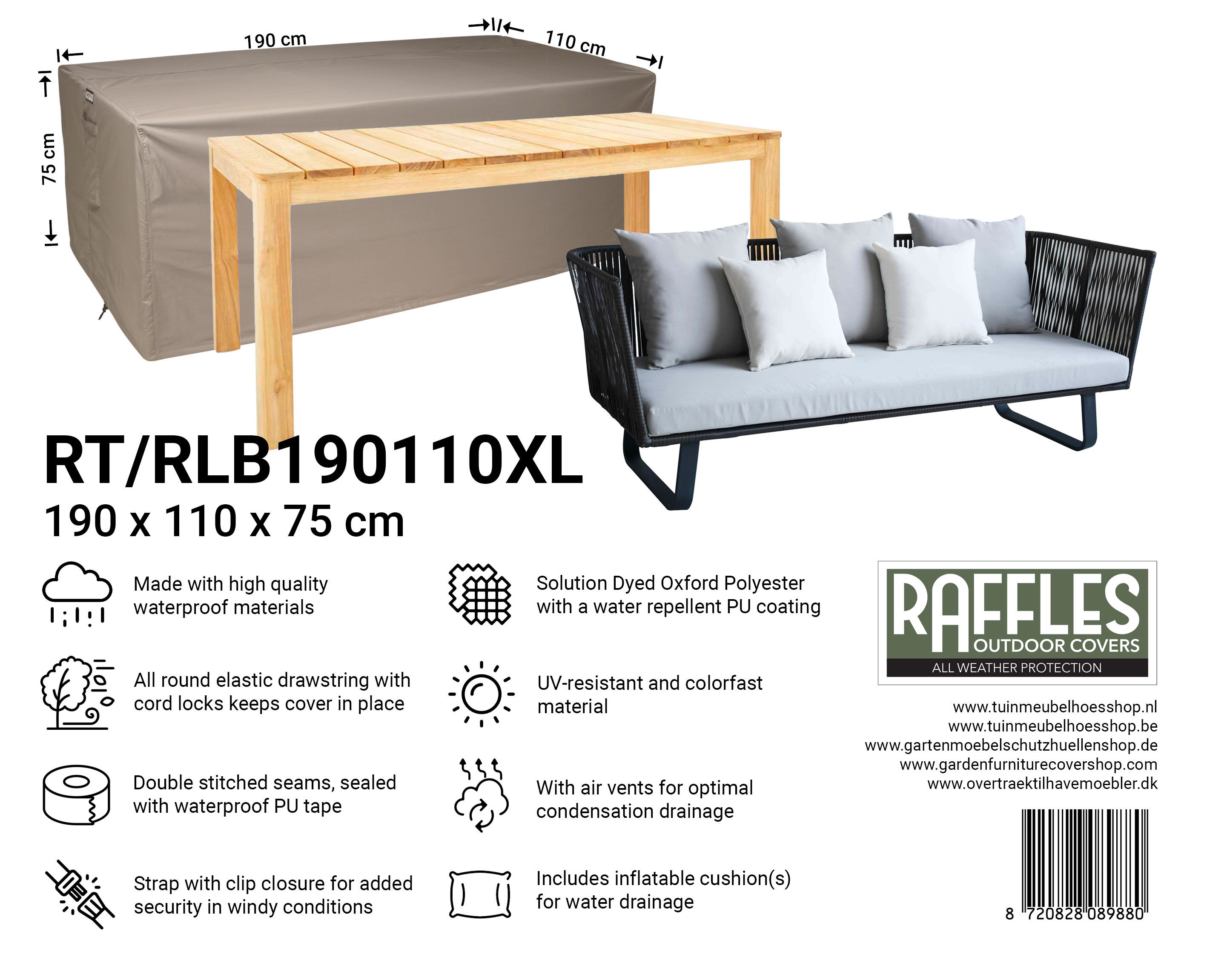 Rektangulær overtræk til loungesofa 190 x 110 H: 75 cm Rektangulær overtræk til loungesofa 190 x 110 H: 75 cm