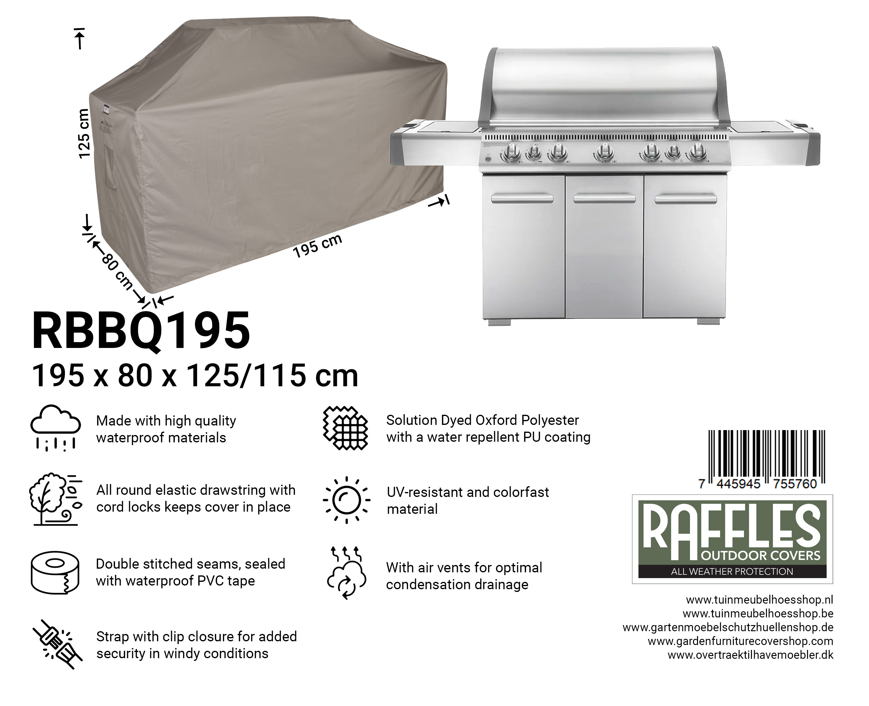 RBBQ195_7445945755760 Afdækning til grill 195 x 80 H: 125/115 cm