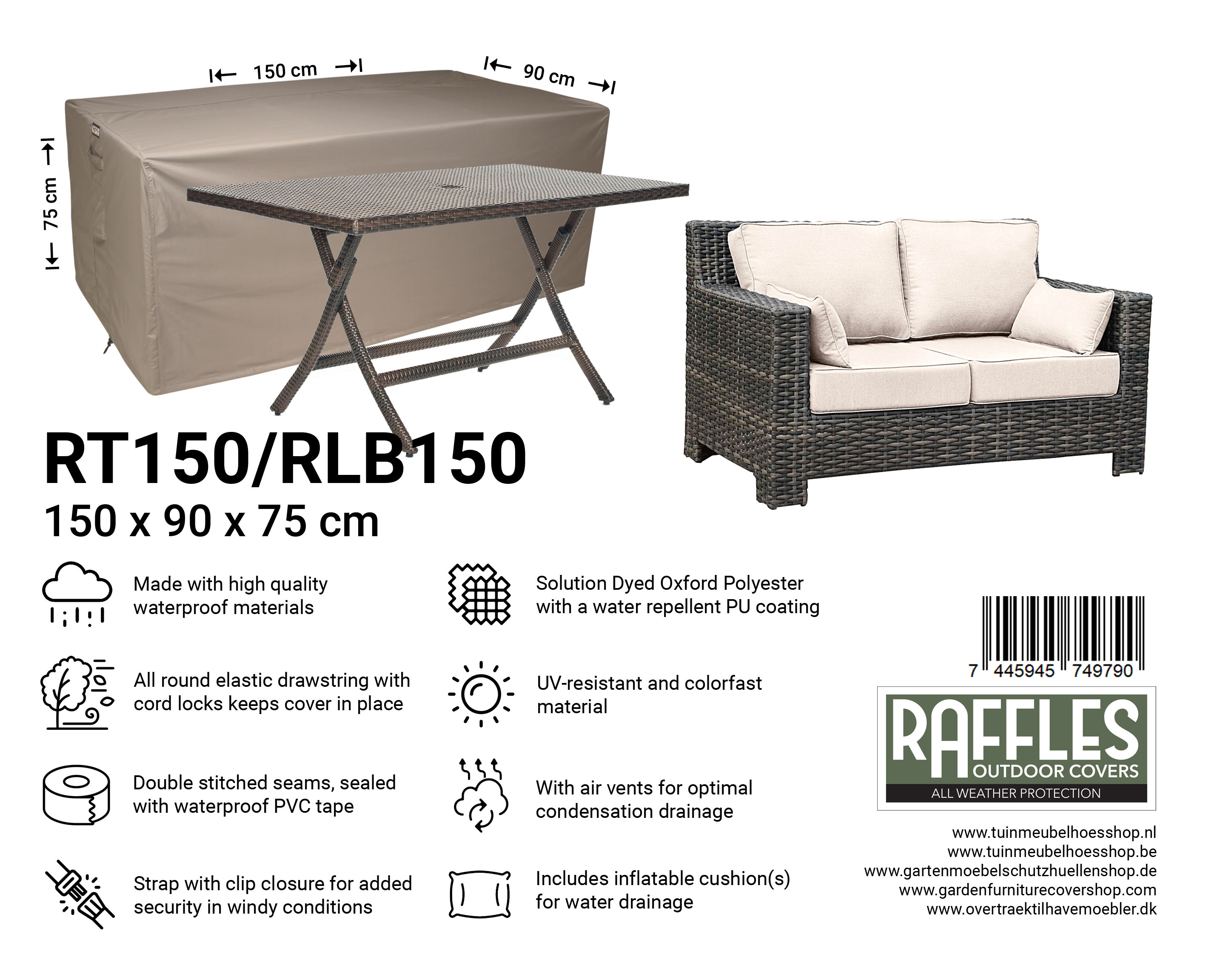 RT150-RLB150_7445945749790-7445945741794ZpSJTDrl0wQ65 RT150/RLB150 hoes tuintafel/lounge bank 150 x 90 H: 75 cm