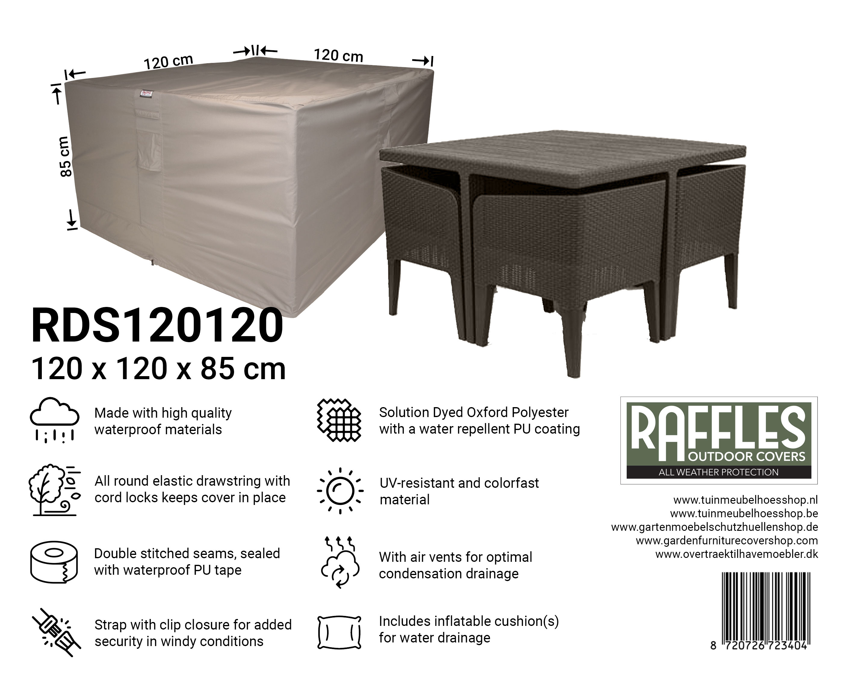 RDS120120_8720726723404 RDS120120 klein vierkant tuinset hoes 120 x 120 H: 85 cm