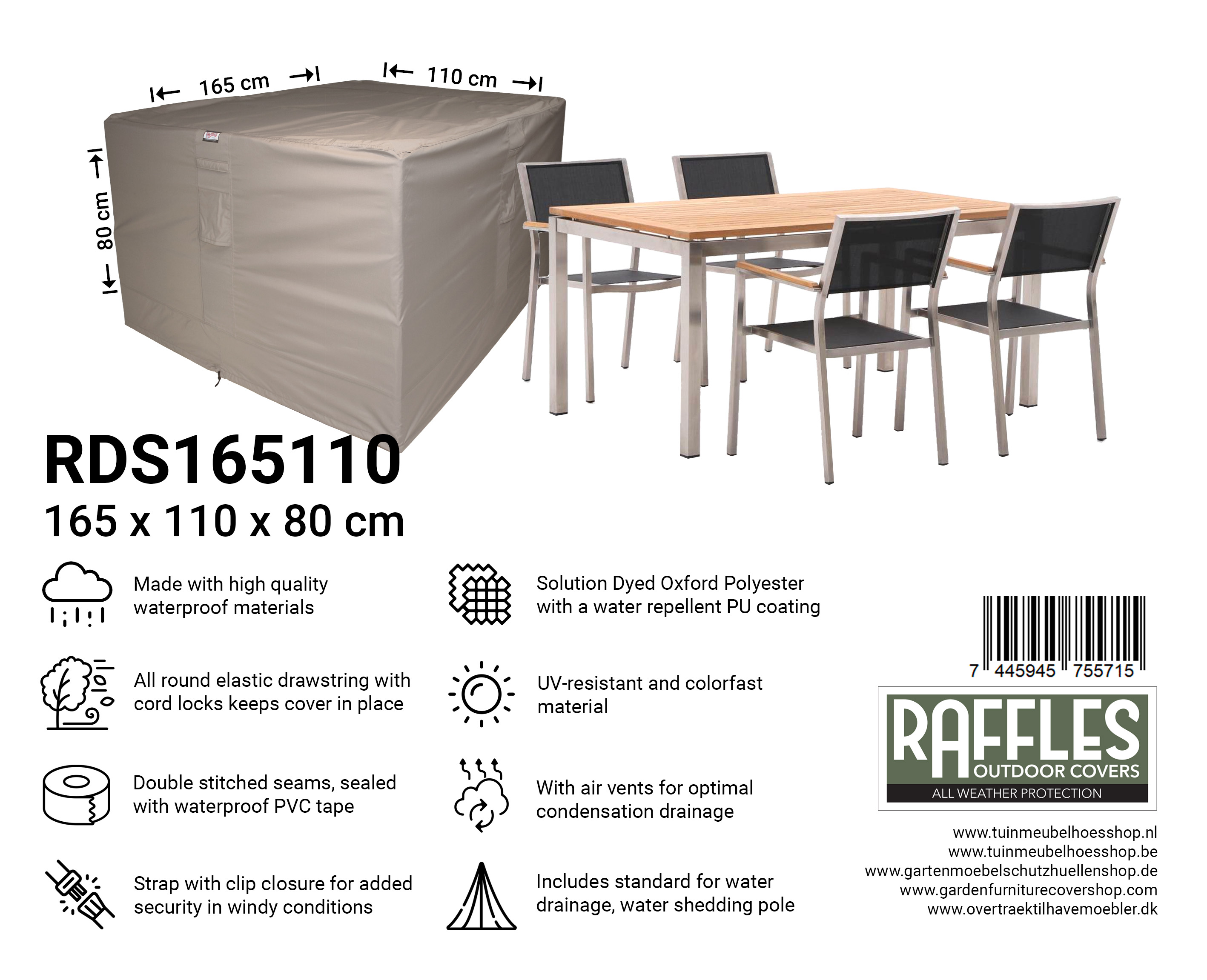 RDS165110_7445945755715 Rektangulær overtræk til lille havemøbler 165 x 110 H: 80 cm