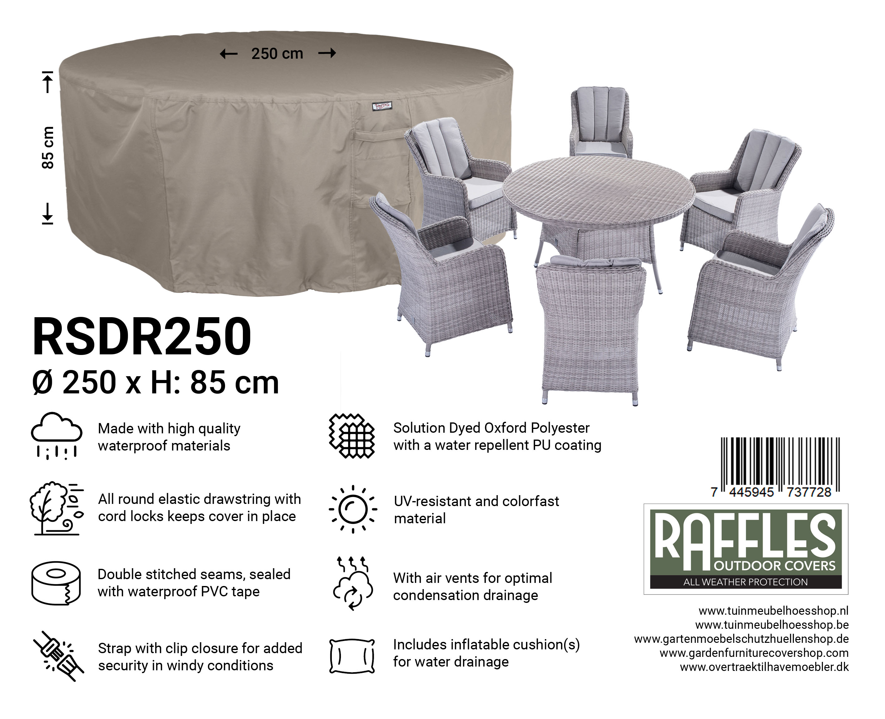 RDSR250_7445945737728ClDIPUOXEEeW8 Møblerovertræk til rundt havemøbler ⌀: 250 cm & H: 85 cm