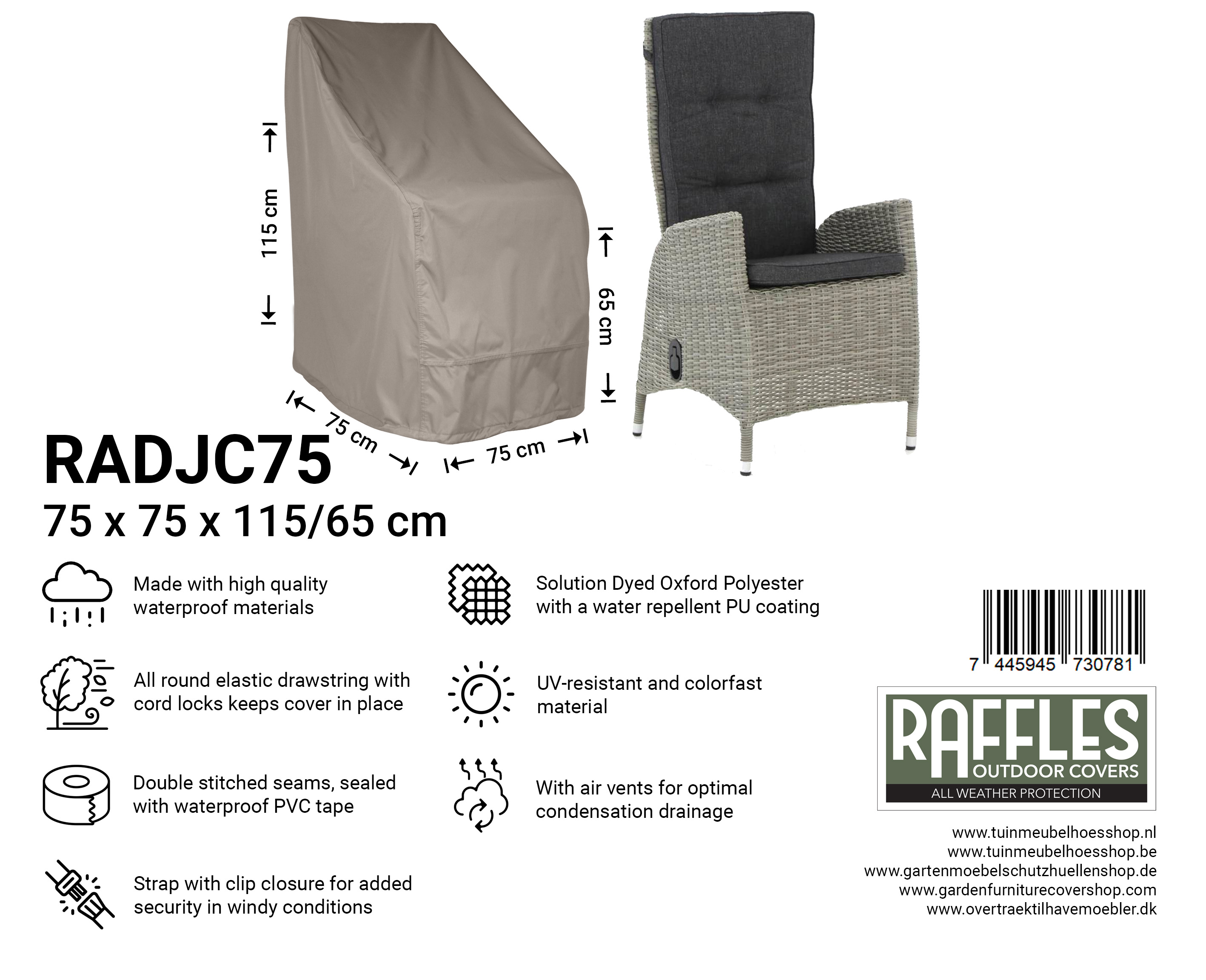 RADJC75_7445945730781 Overtræk til havestol med høj ryg 75 x 75 H: 115/65 cm