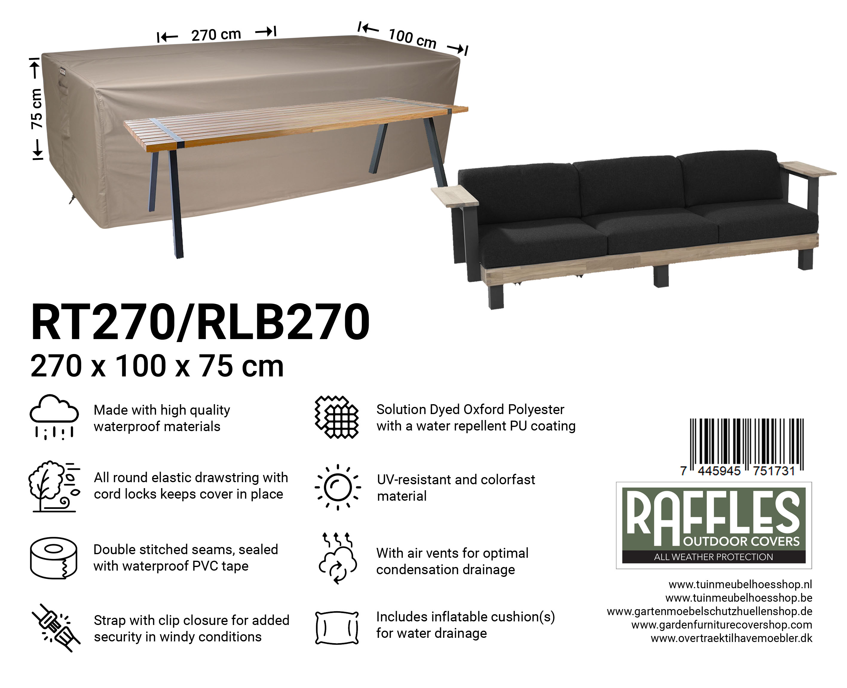 RT270-RLB270_7445945751731-7445945743774LZYIx17wEHPL7 RT270/RLB270 tuintafel/lounge bank hoes 270 x 100 H: 75 cm