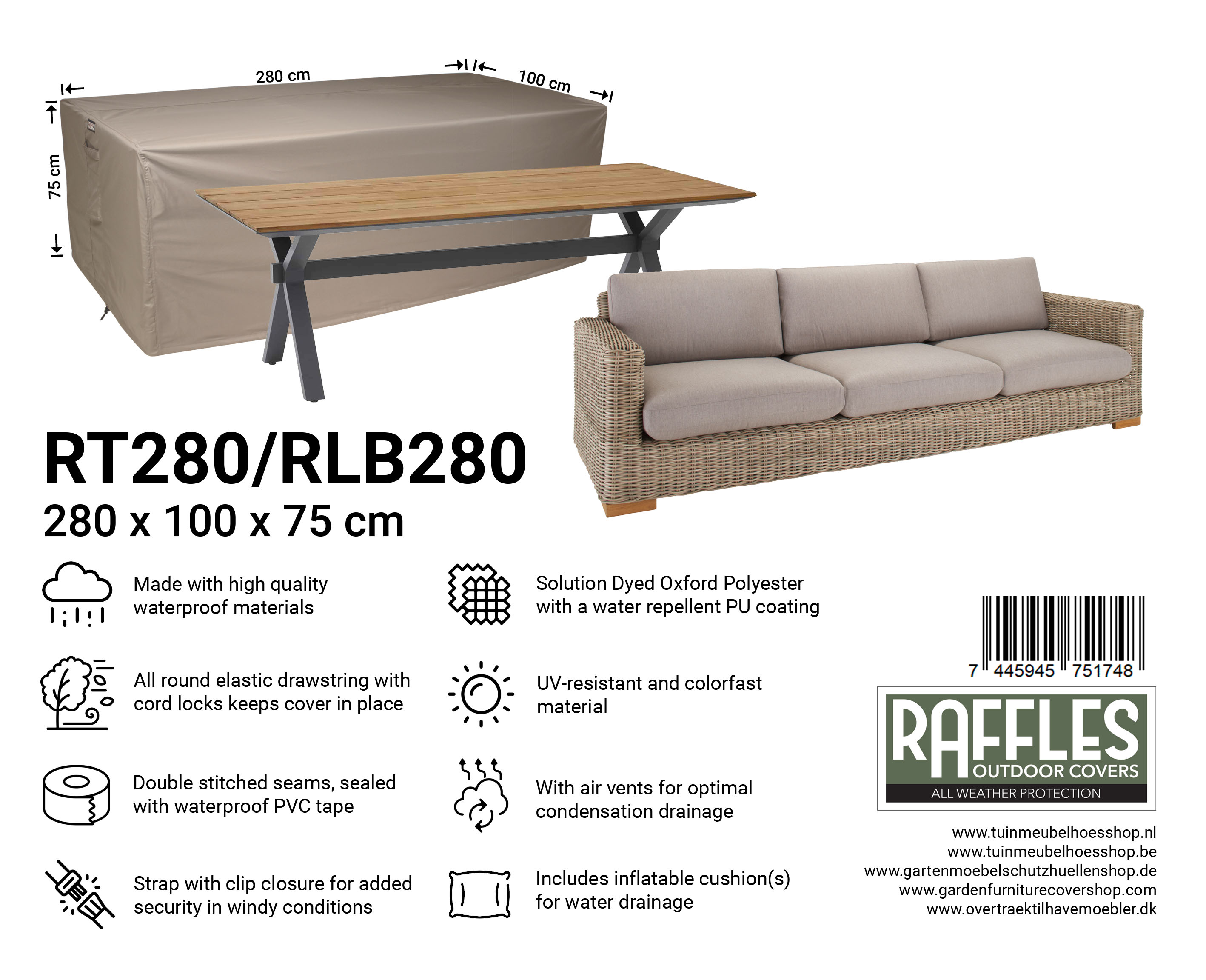 RT280-RLB280_-7445945751748-74459457437816DNShG69GrFIw RT280/RLB280 hoes voor tuintafel/lounge bank 280 x 100 H: 75 cm