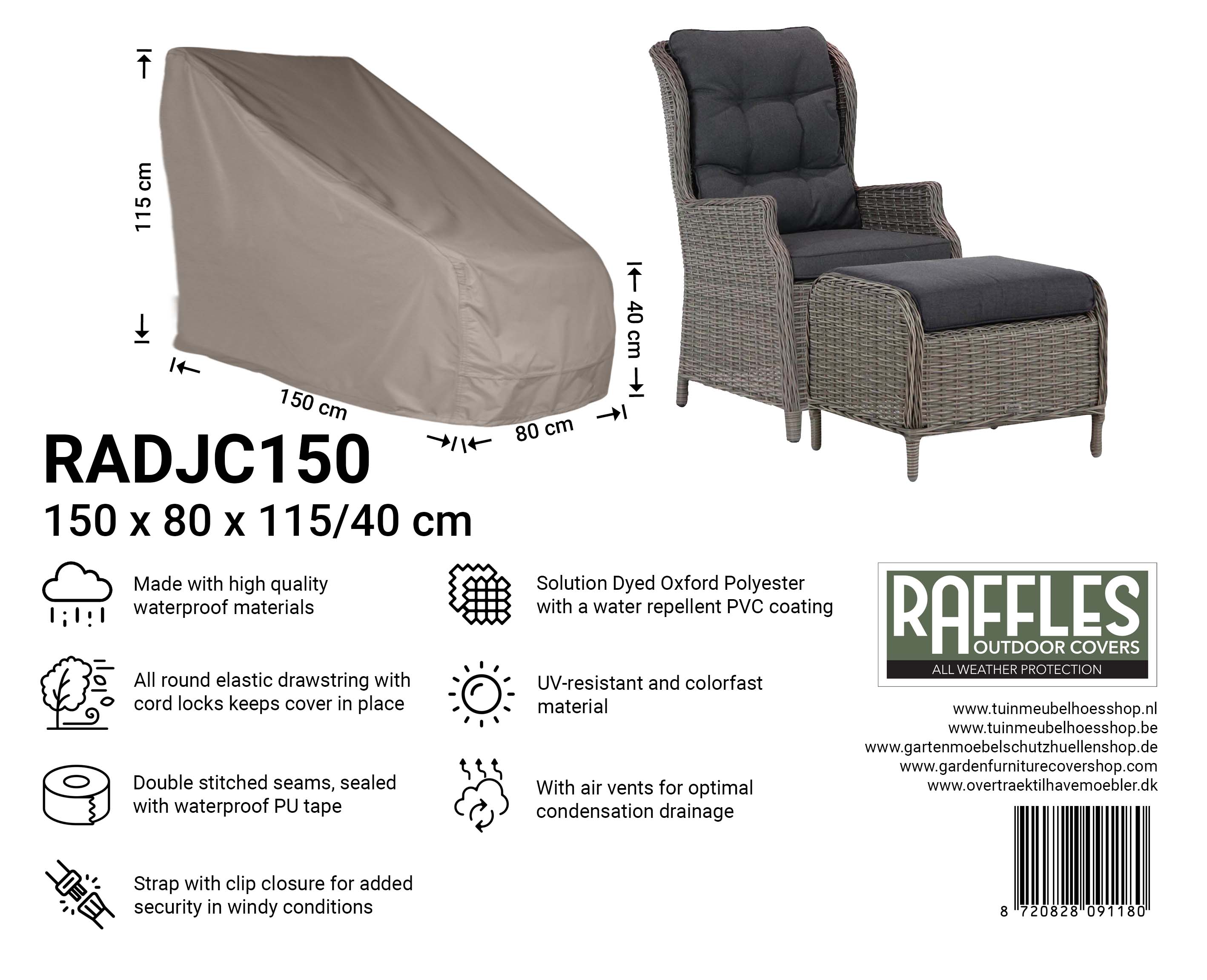 RADJC150_8720828091180uXVZyrk7UTDJ7 Overtræk til havestol med høj ryg 150 x 90 H: 115/65 cm