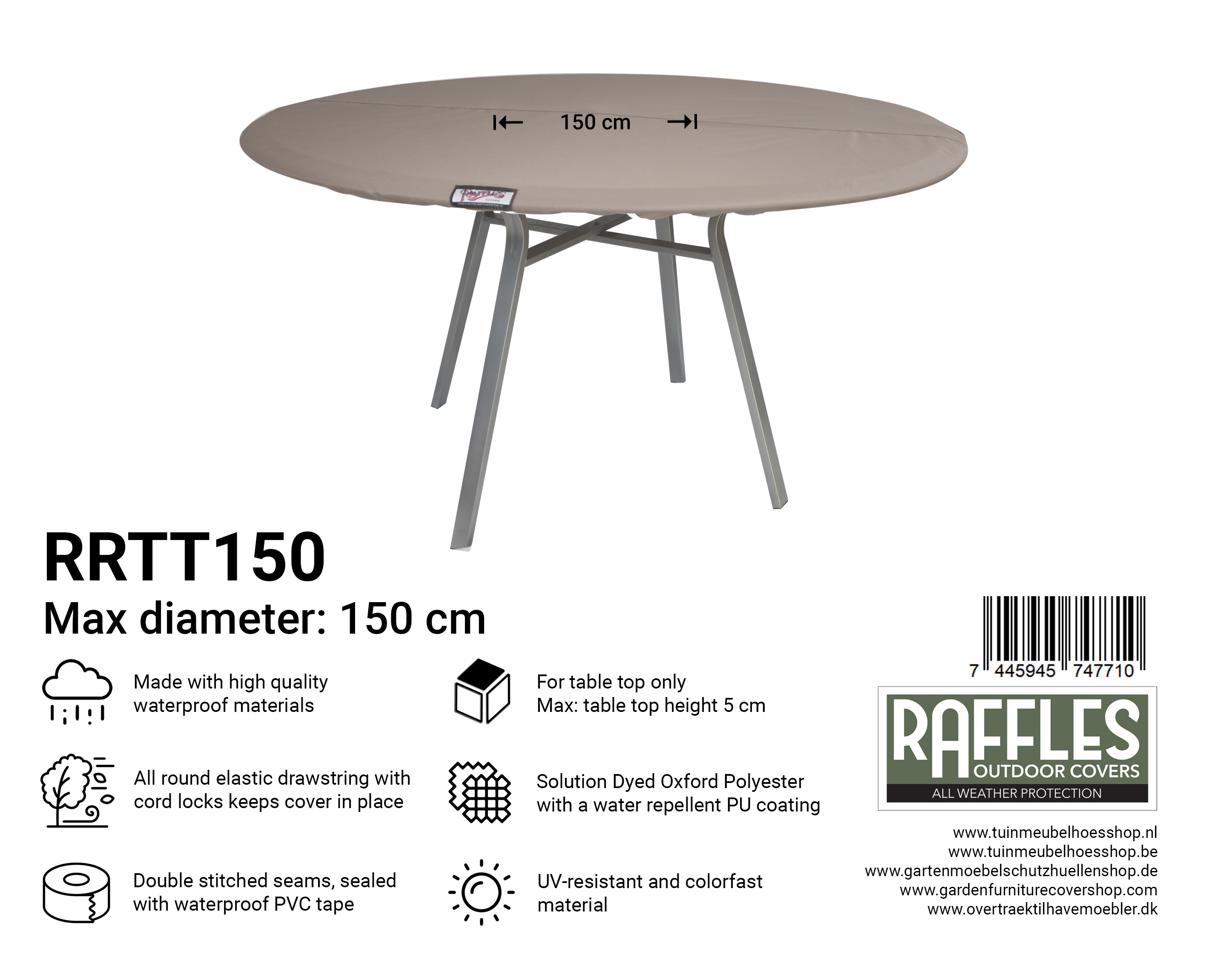 RRTT150  ronde tafelblad hoes Ø 150 cm