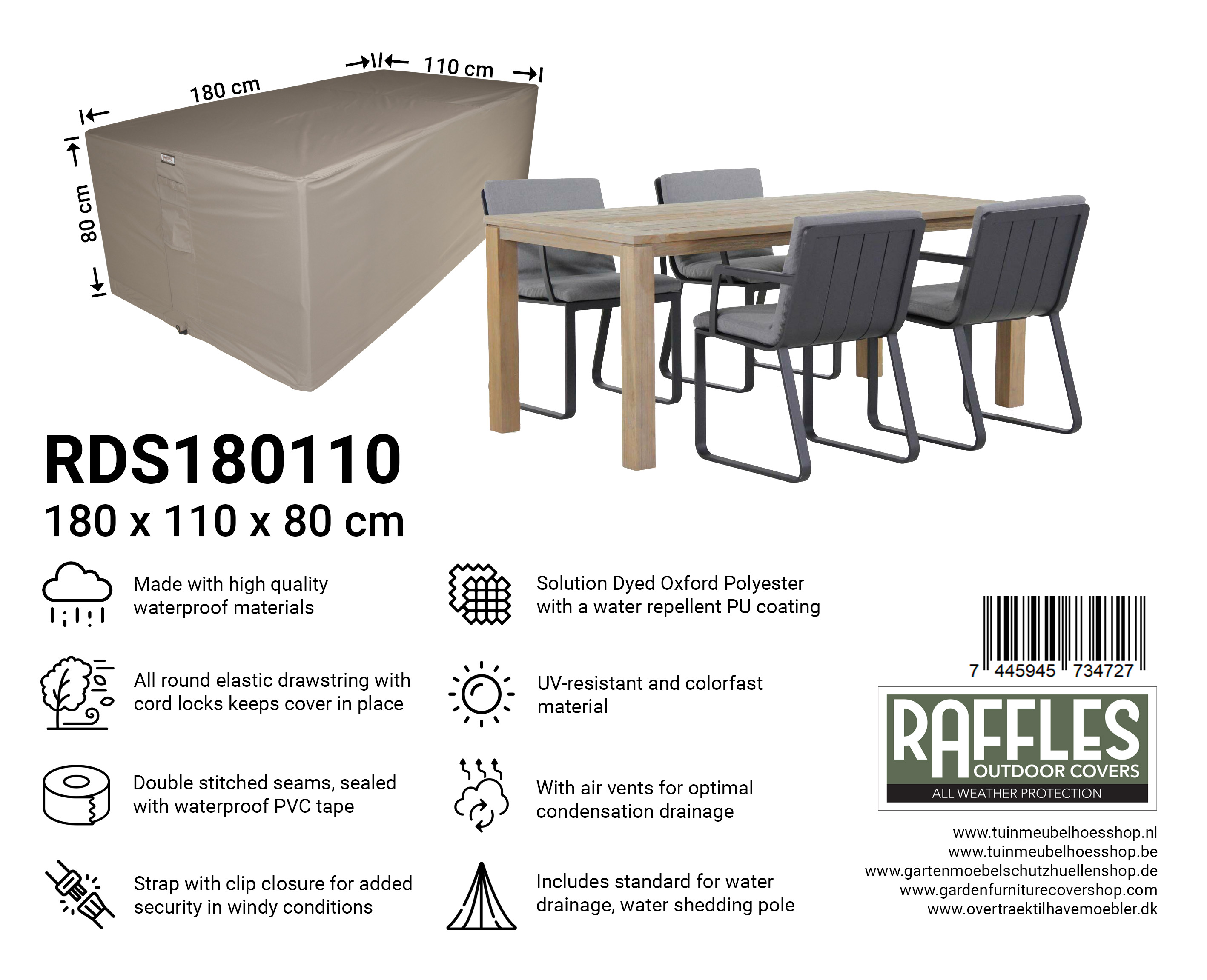 RDS180110_7445945734727 Overtræk til havemøbler 180 x 110 H: 80 cm