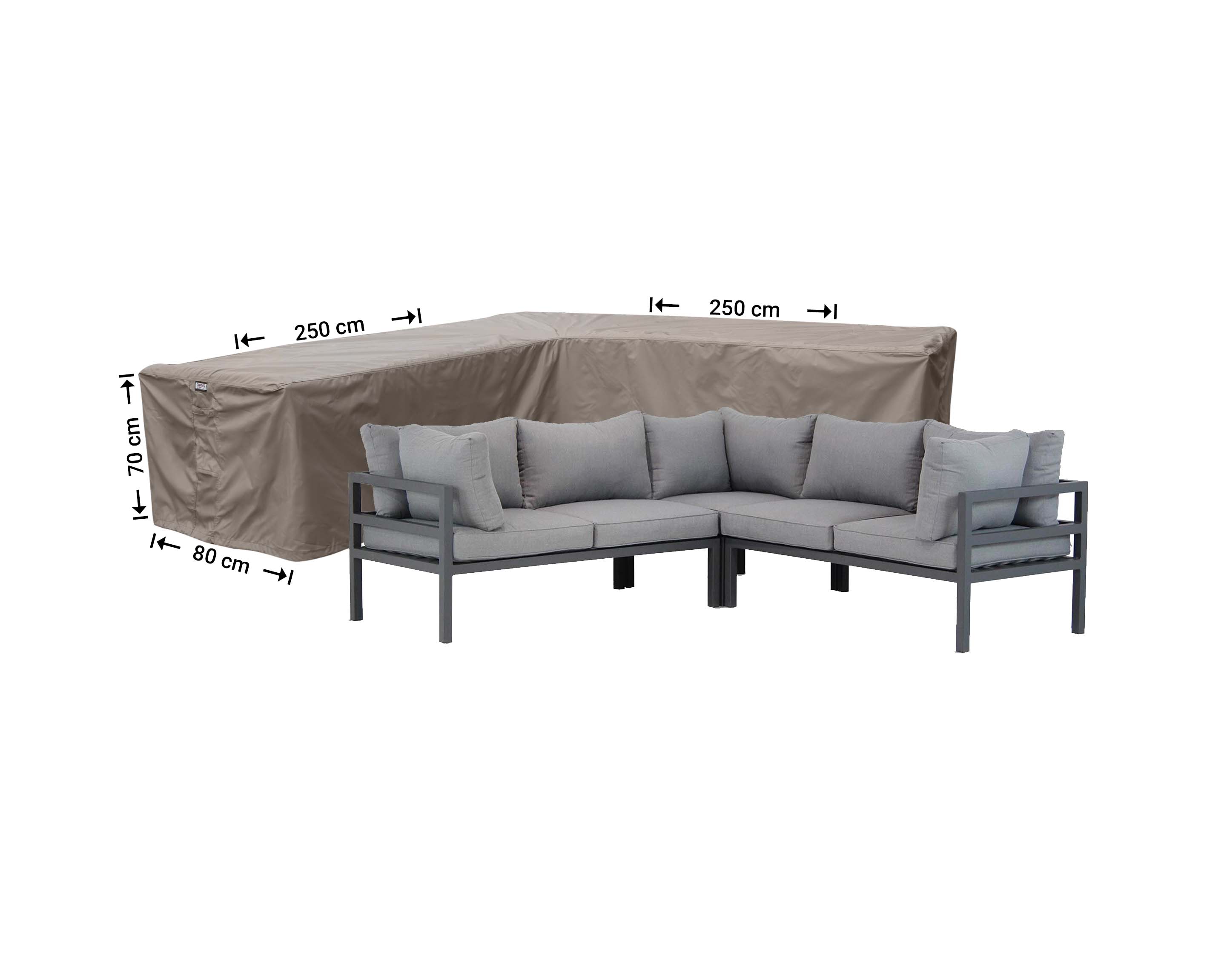 RHS250small_hoes-afmeting-meubel Overtræk til L formet loungesæt 250 x 250 x 80 H: 70 cm