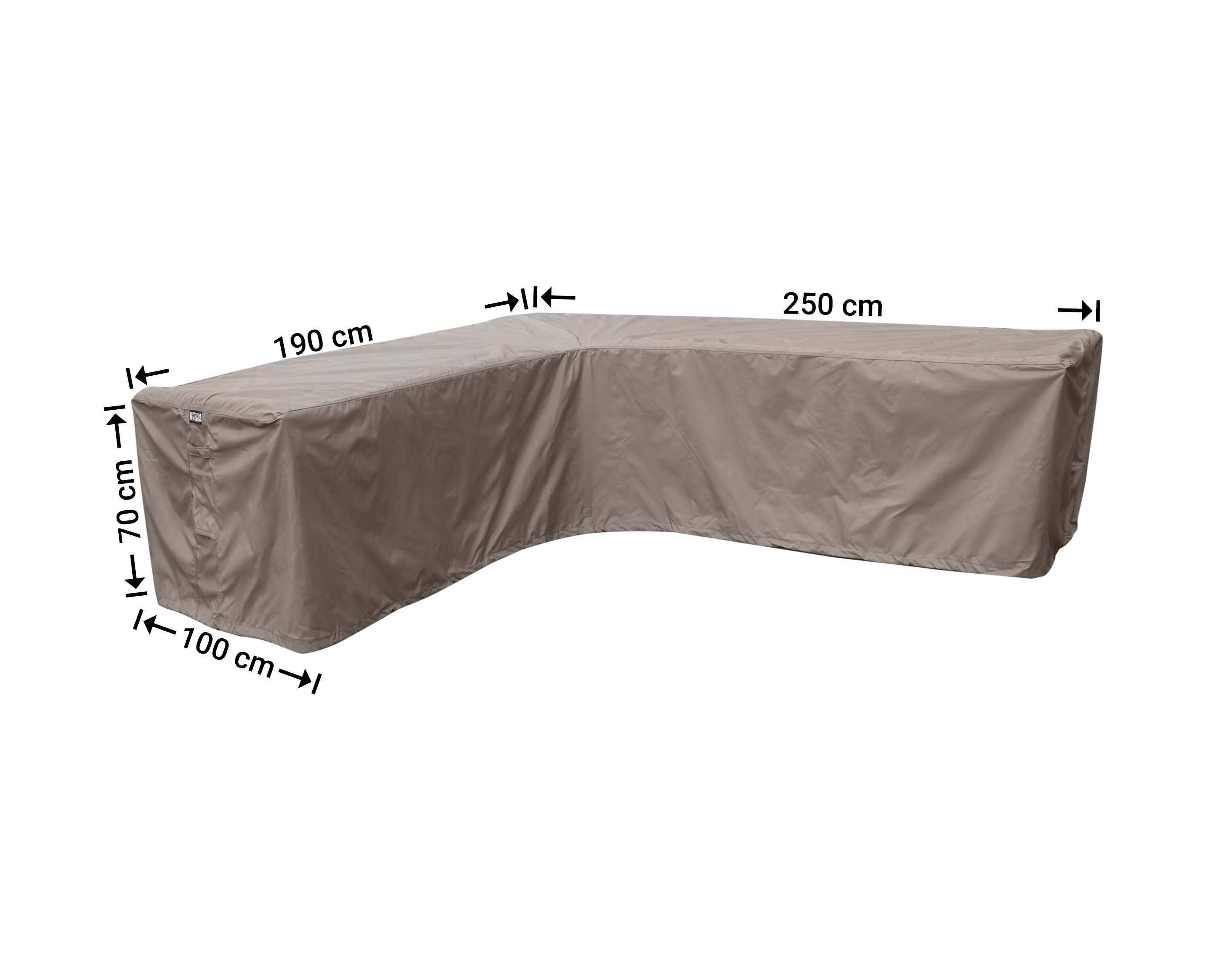RHS250190left_hoes-afmetingen L formet loungesæt dække 250 x 190 x 100 H: 70 cm