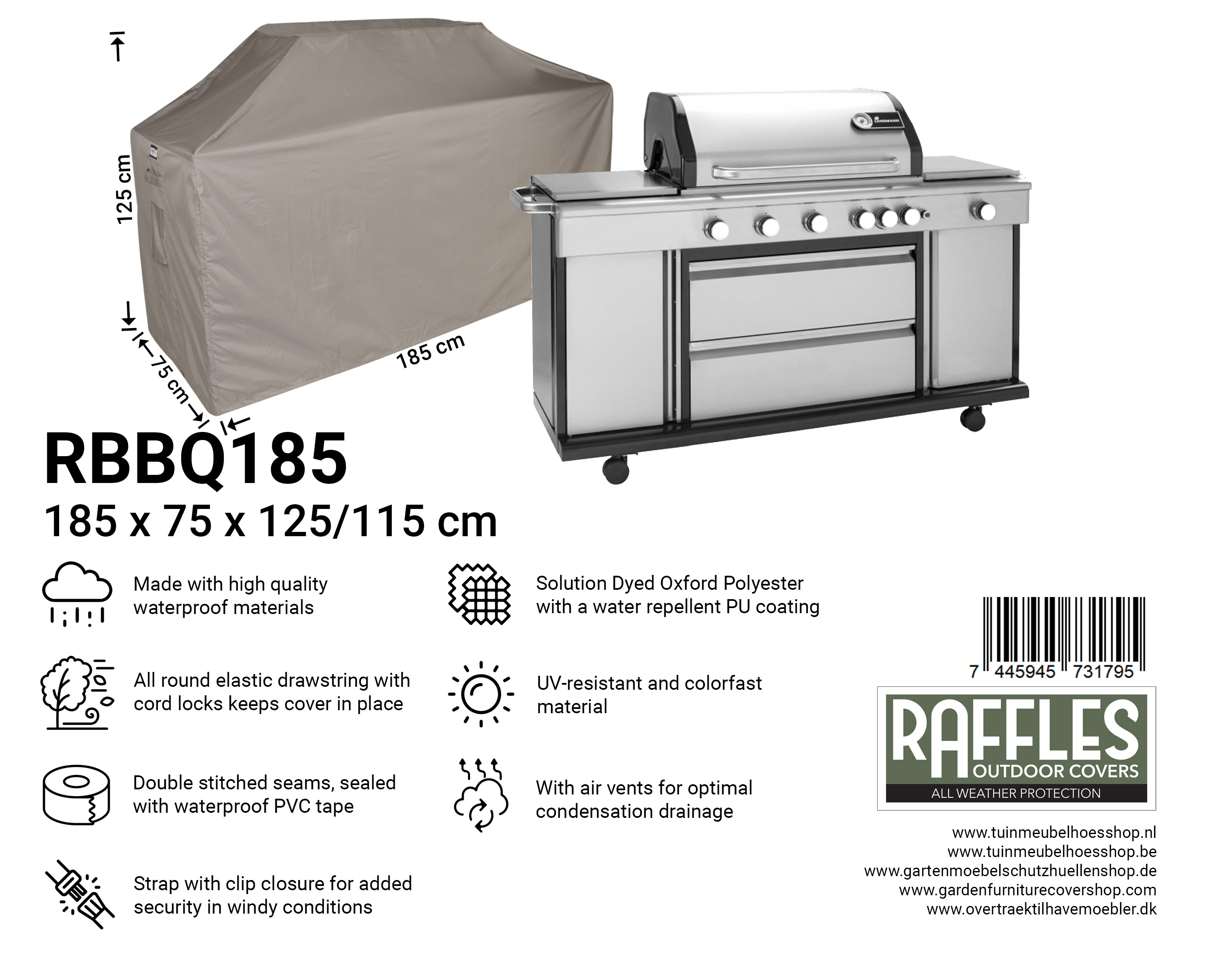 RBBQ185_7445945731795 Grill dække 185 x 75 H: 125/115 cm