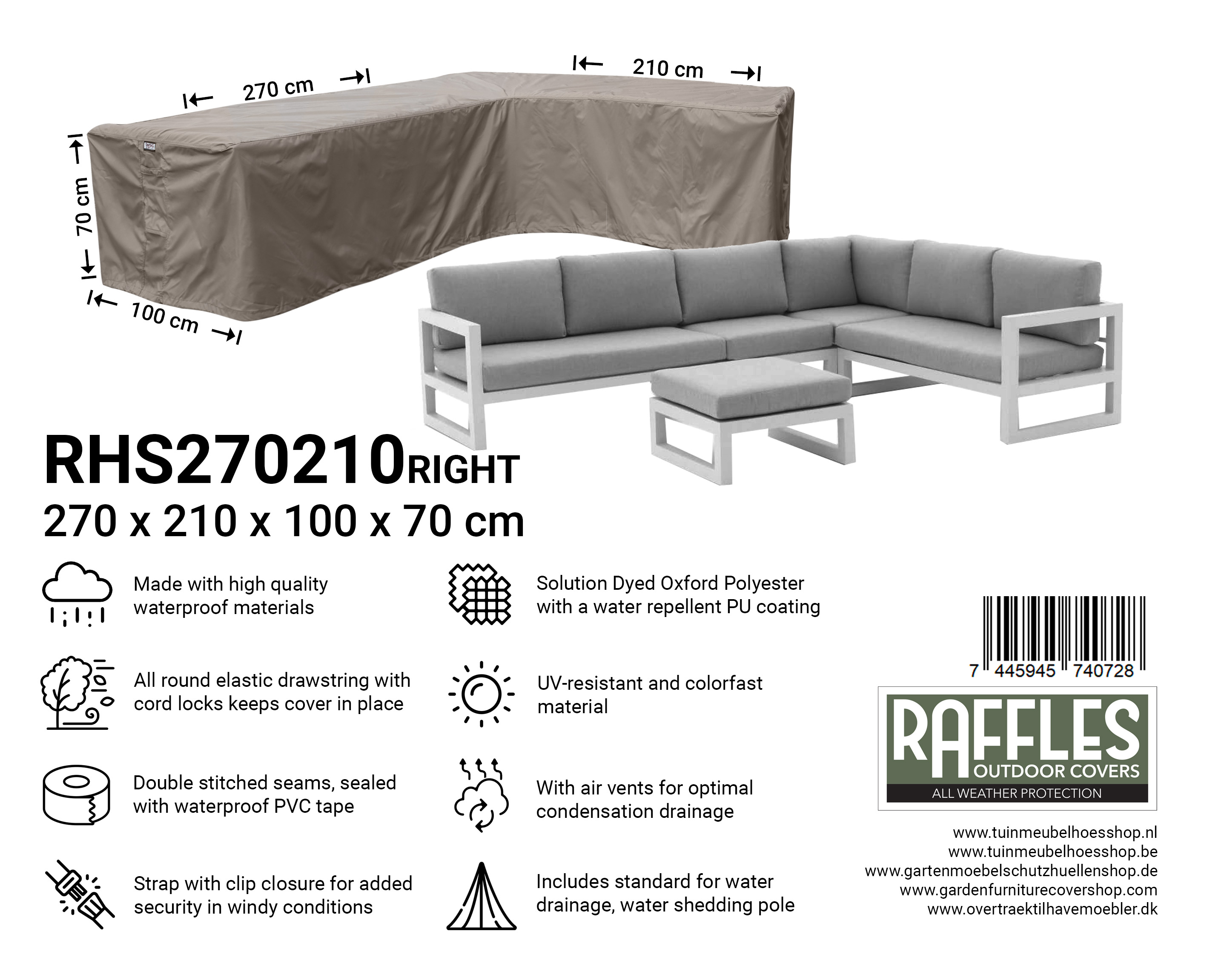 RHS270210right hoekbank hoes 270 x 210 x 100 H: 70 cm