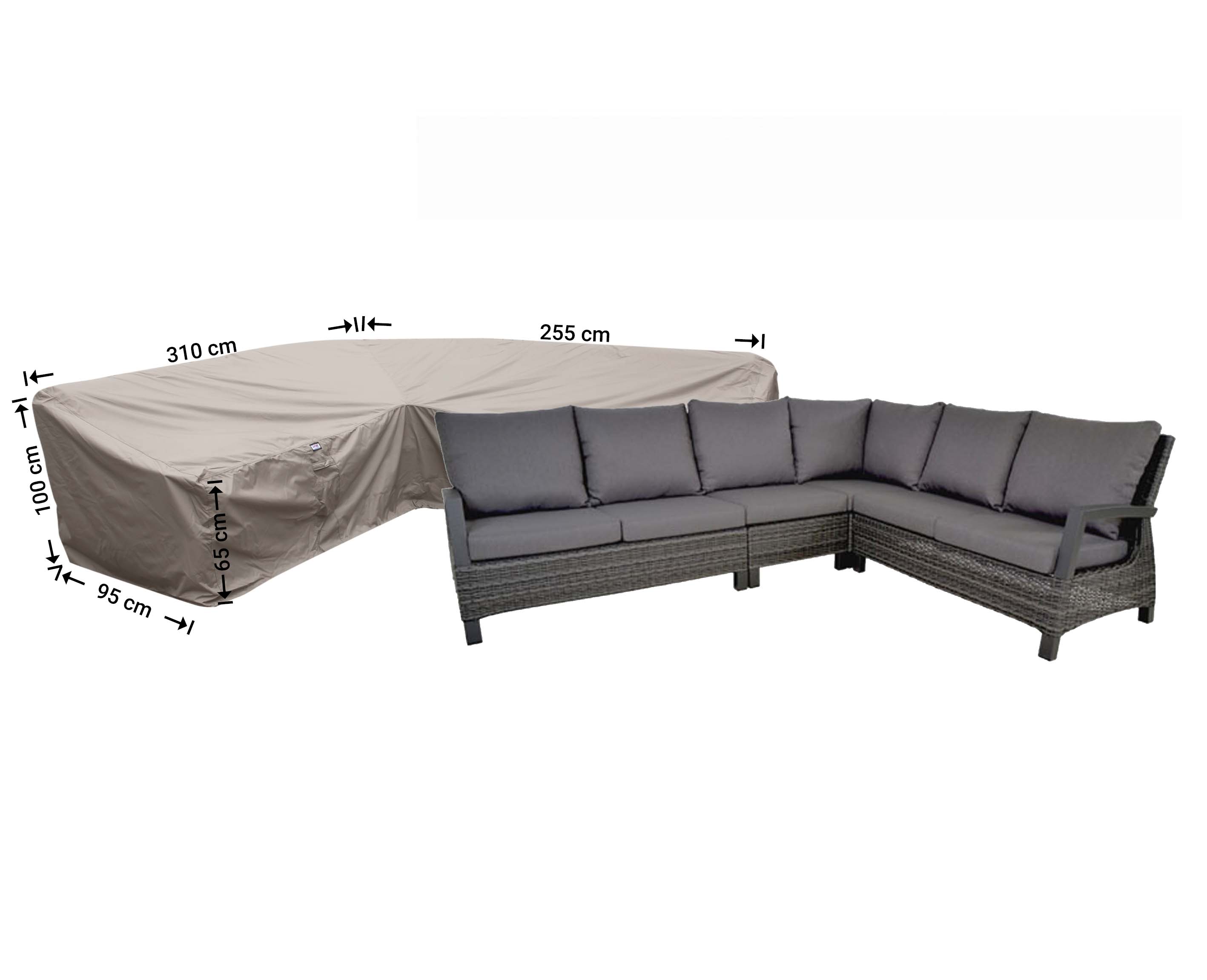 RDLHS310255right_bank-hoes Haveovertræktil høj L formet loungesofa 310 x 255 x 95 H: 100/65 cm