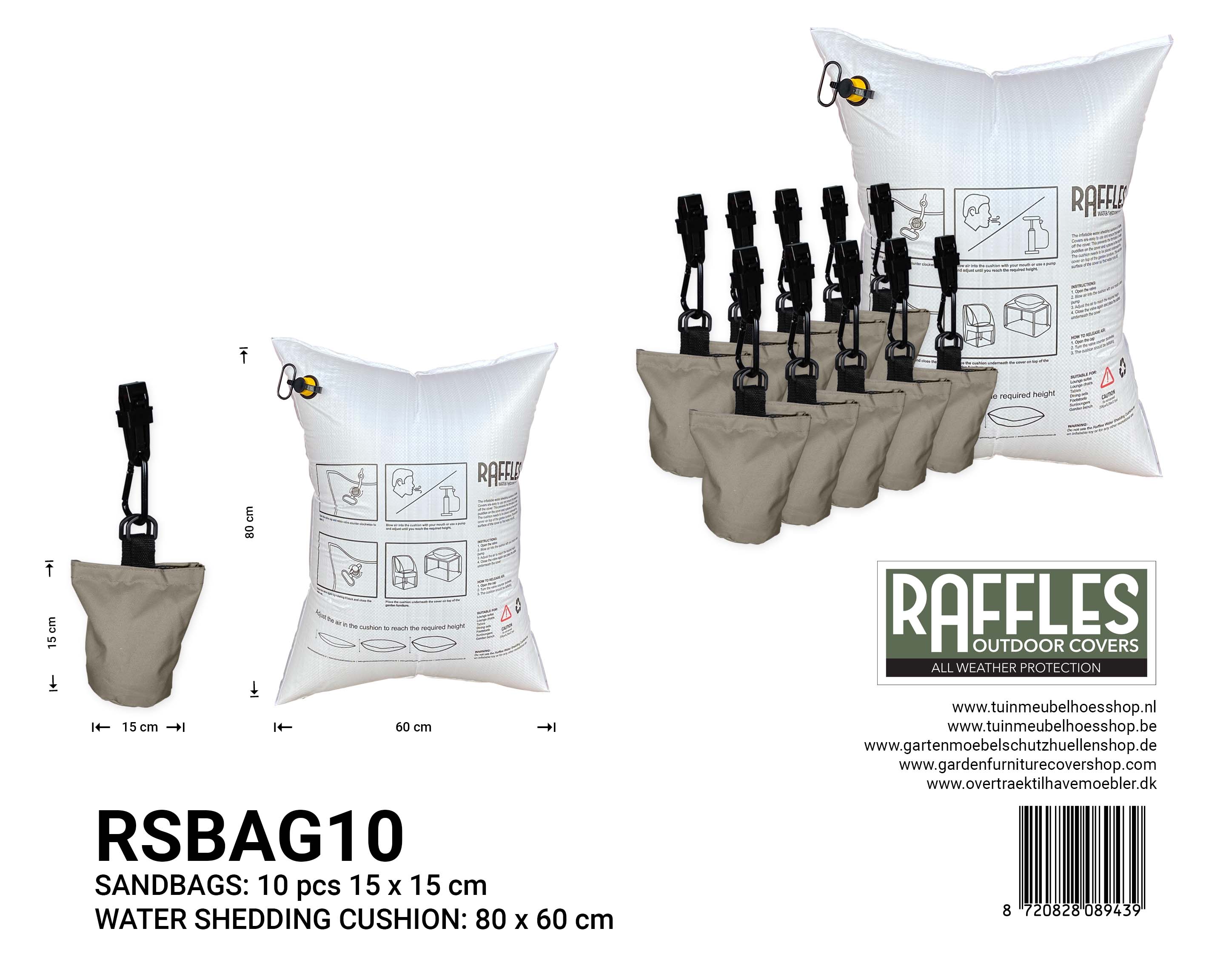 RSBAG10-RWSC8060 Vandafvisende pude 80 x 60 cm med 10 sandsække