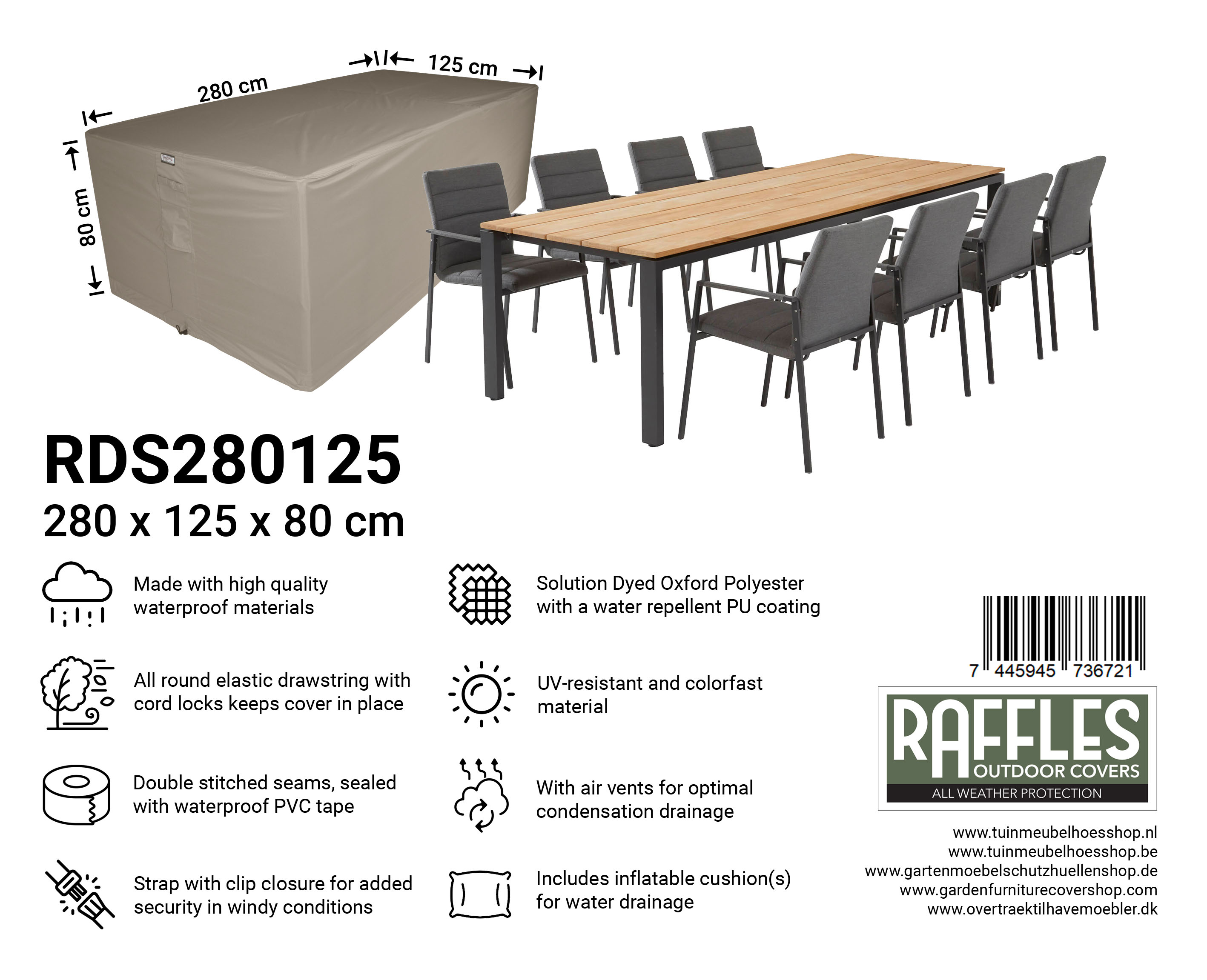 RDS280125_7445945736721wrunGHo2Cwmc0 Rektangulær møblerovertræk til store havemøbler 280 x 125 H: 80 cm