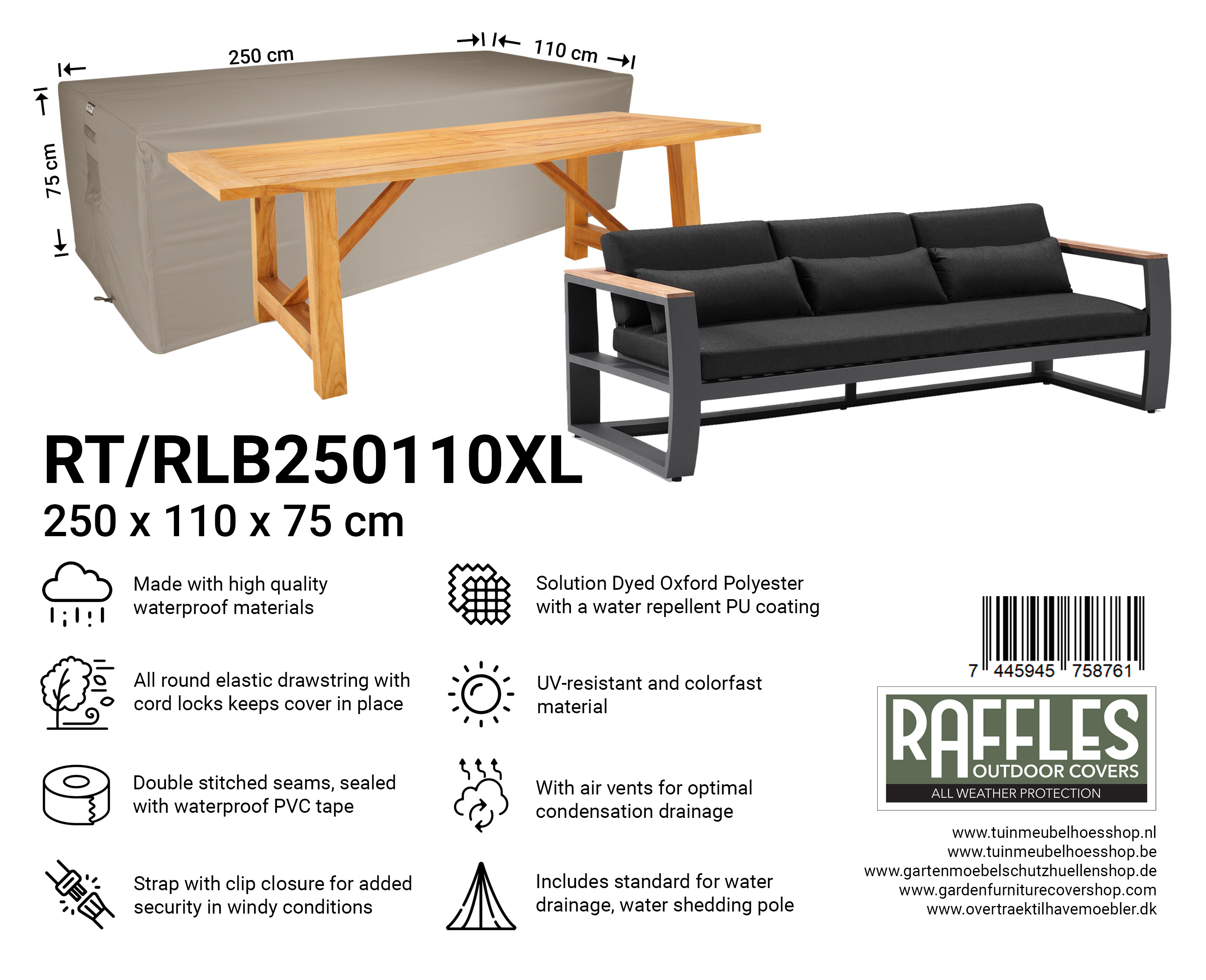 RLB250110XL Hoes voor Loungebank 250 x 110 H: 75 cm