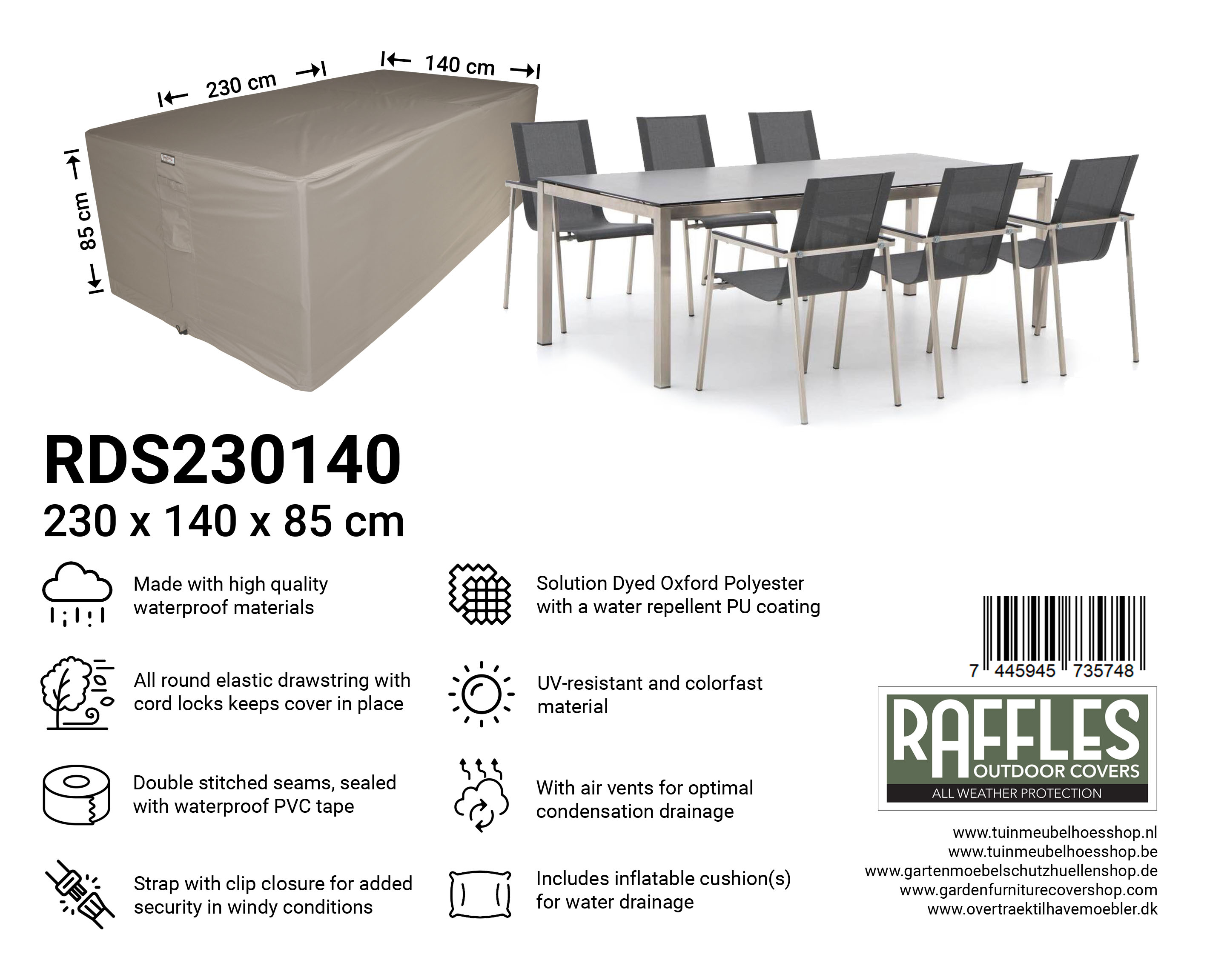 RDS230140_7445945735748MolMurEHf9chv Rektangulær overtræktil havemøbler 230 x 140 H: 85 cm