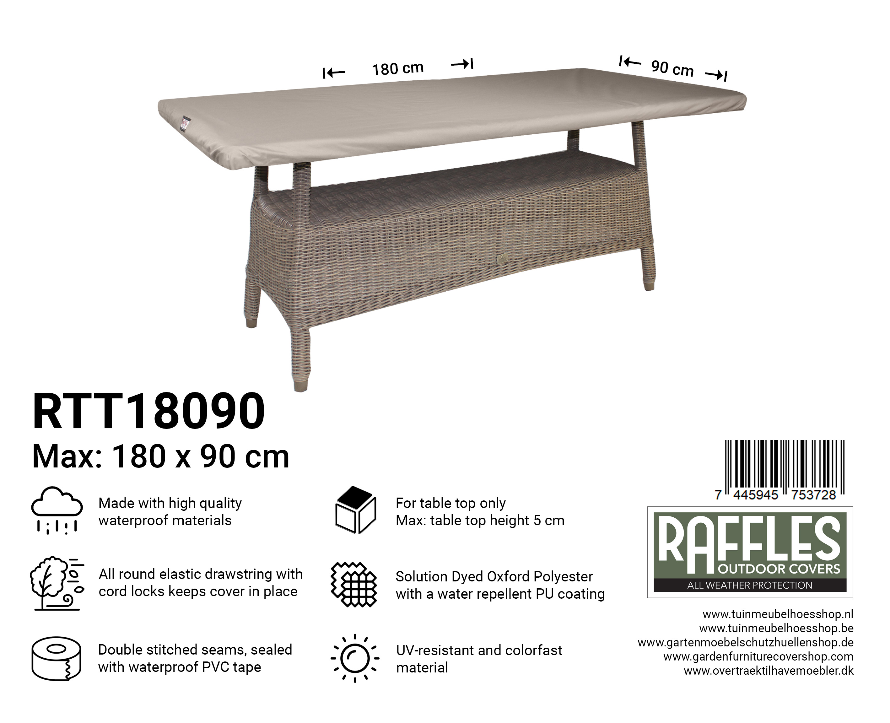 RTT18090 hoes tafelblad 180 x 90 cm