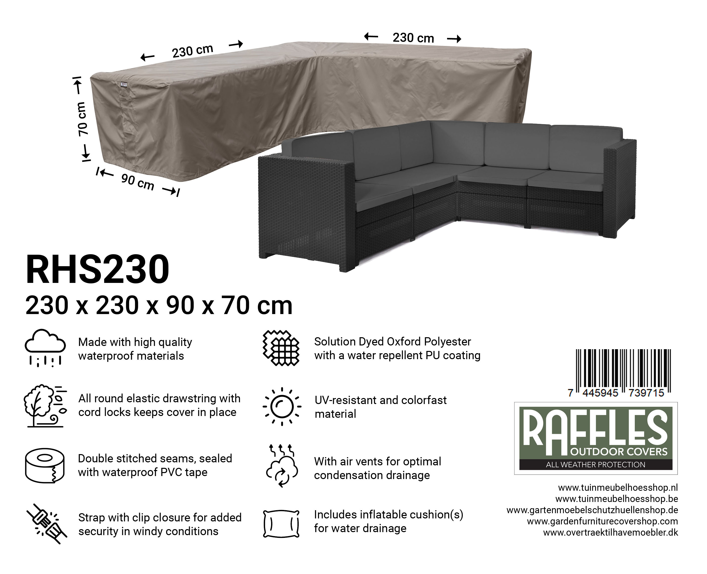 RHS230_7445945739715cNkJ7Jk8LVraa Møblerovertræk til lille L formet loungesofa 230 x 230 x 90 H: 70 cm