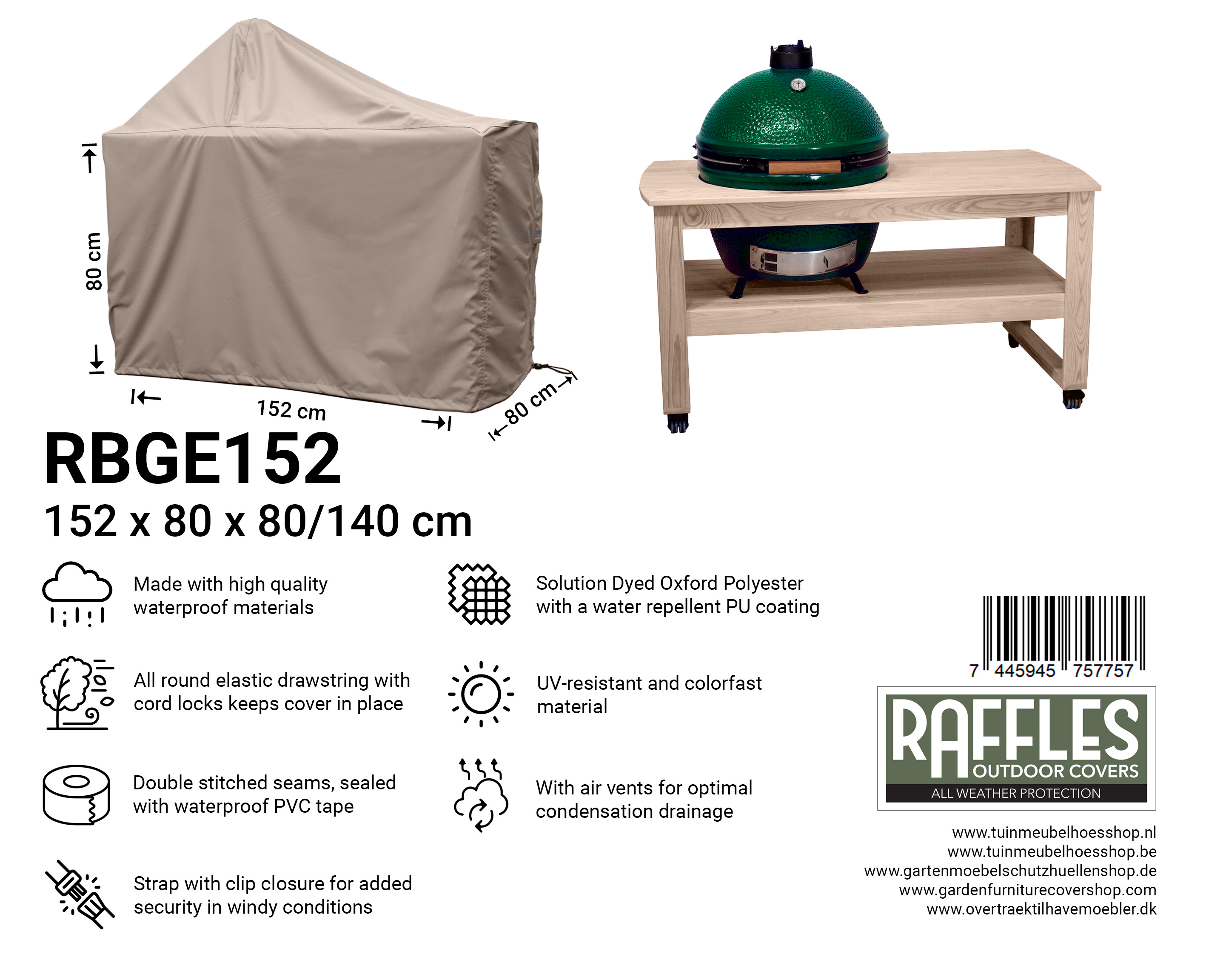 RBGE152_7445945757757 Haveovertræktil Big Green Egg grill 152 x 80 H: 80/140 cm